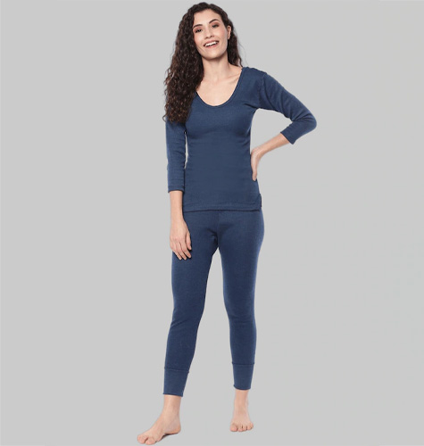 Women Blue Cotton Thermal Bottom